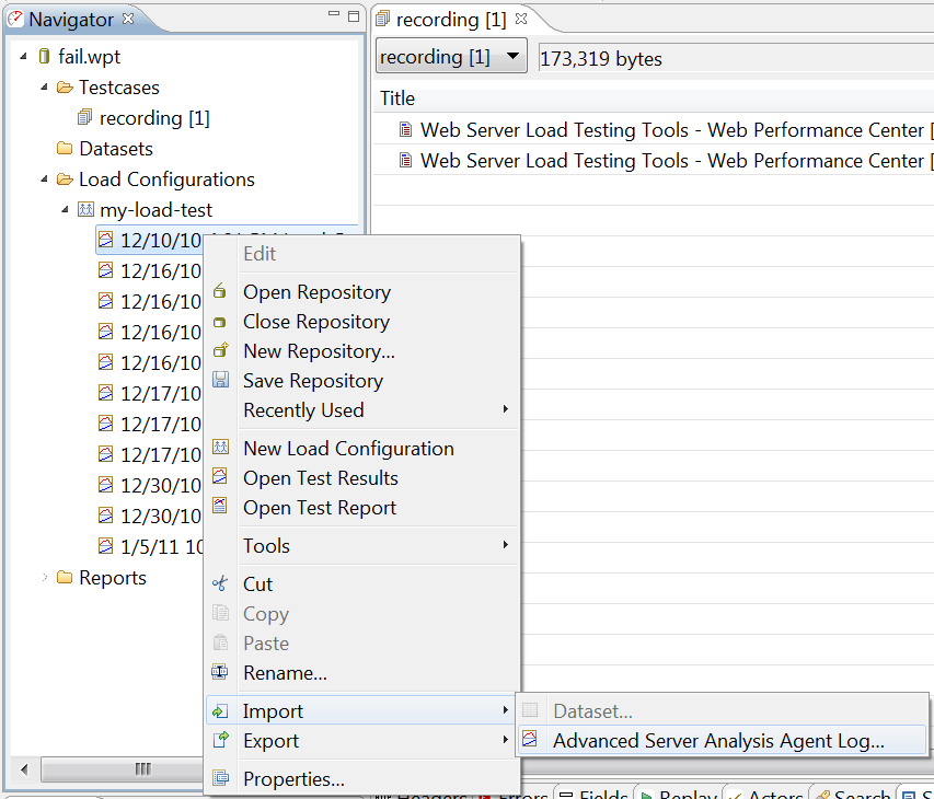 Import Agent Log dialog