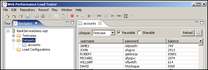 Dataset Editor with username, password, and balance columns
