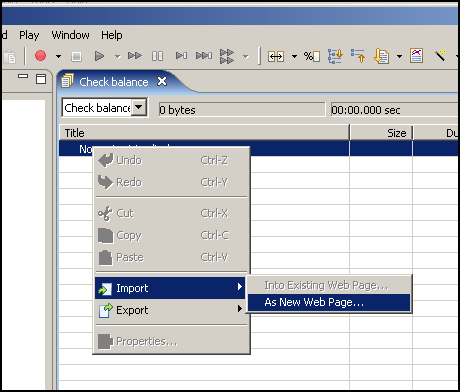 Test Case Editor context menu with Import submenu