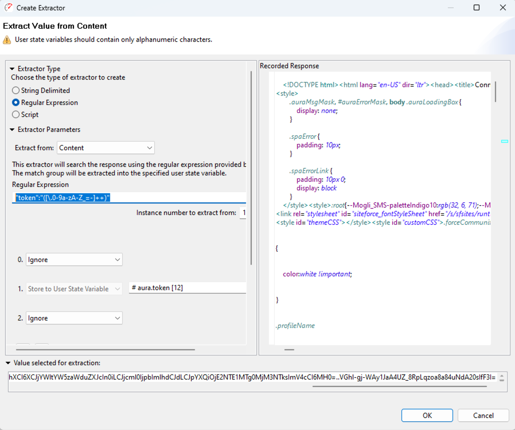 Create Extractor dialog capturing the Salesforce aura.token from a response