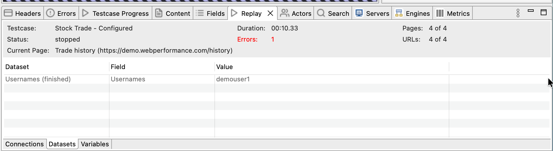 Datasets tab showing the current dataset row values in a Dataset / Field / Value table, with finished datasets rendered in grey