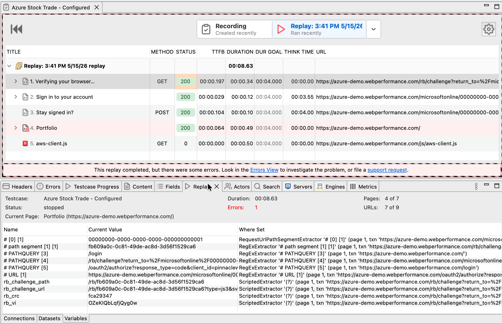Variables tab showing live user-variable values with extractor provenance