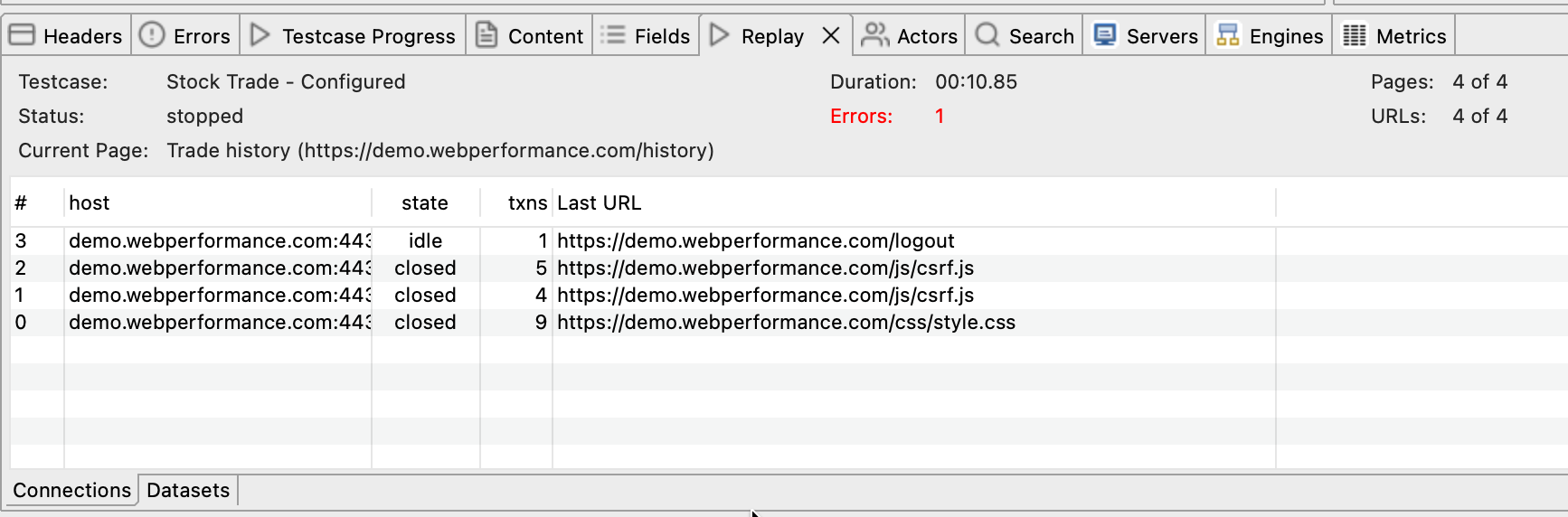 Replay View showing the summary panel and Connections tab