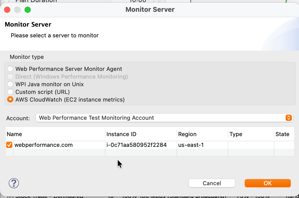Monitor Server dialog with AWS CloudWatch selected