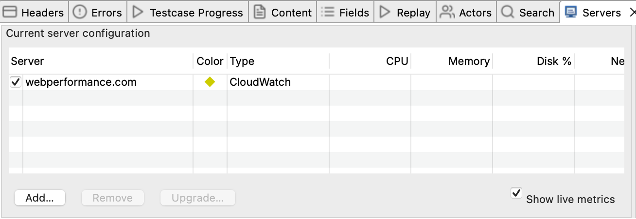 Servers View showing a configured CloudWatch server