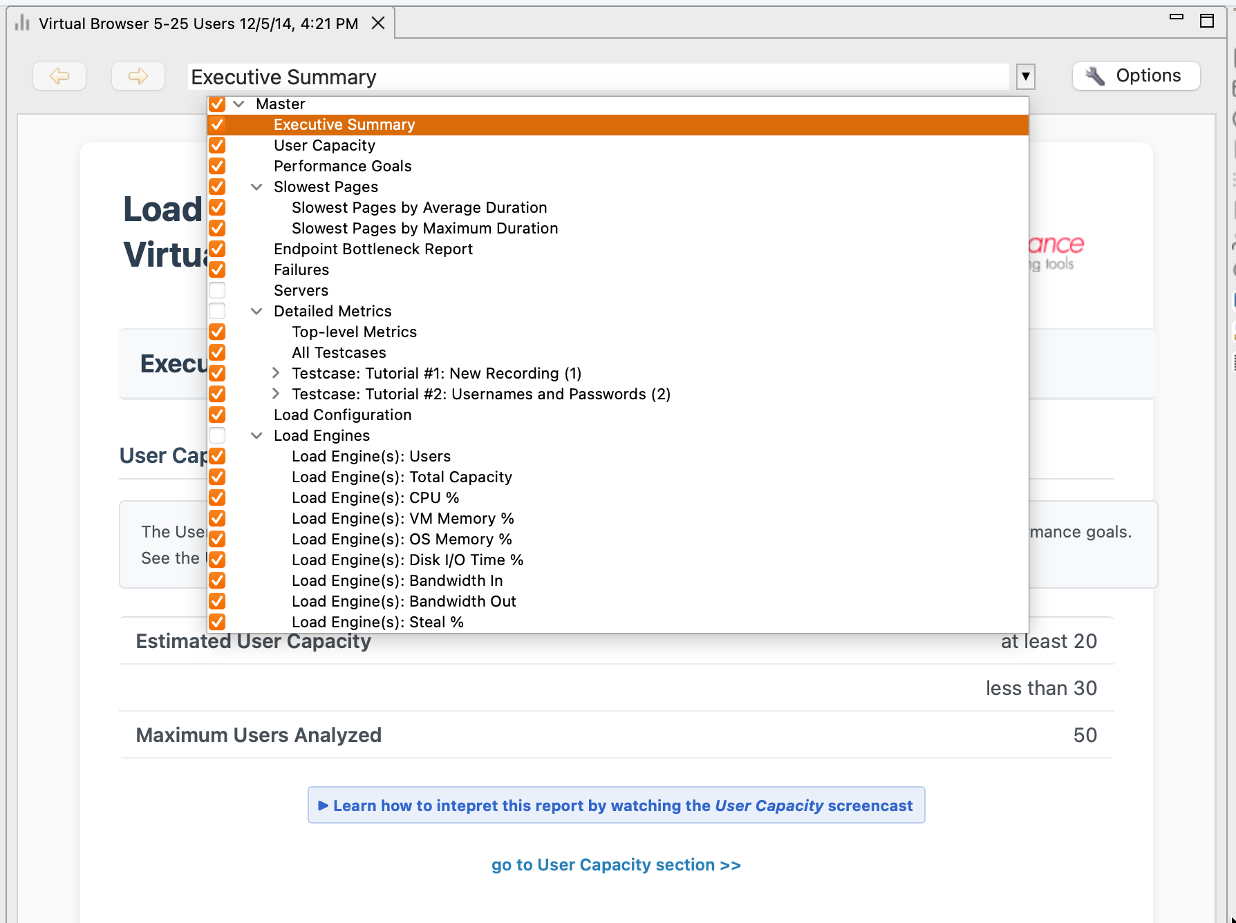 Test Case Report with dropdown navigation