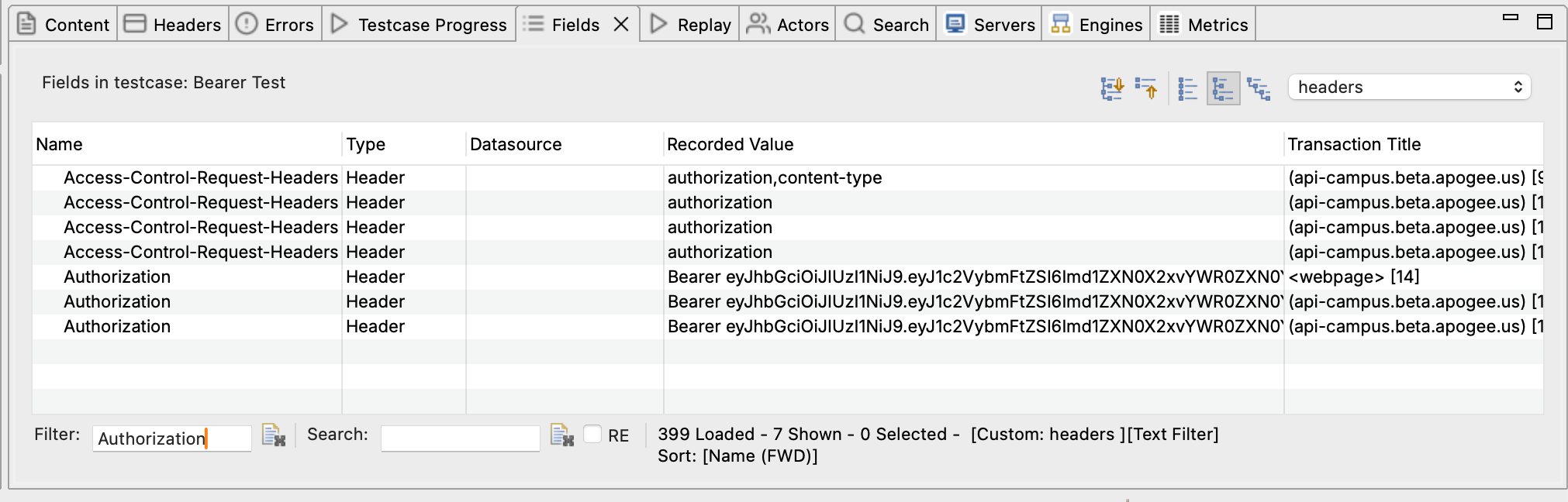Fields View showing multiple Authorization headers filtered
