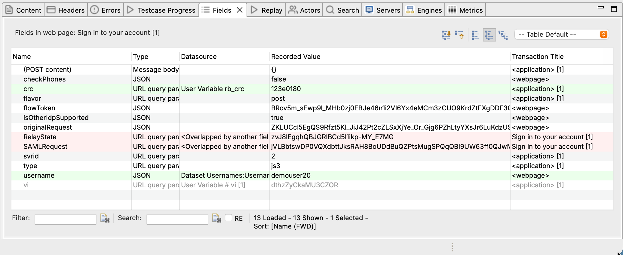 Fields View showing auto-configured fields with grey background