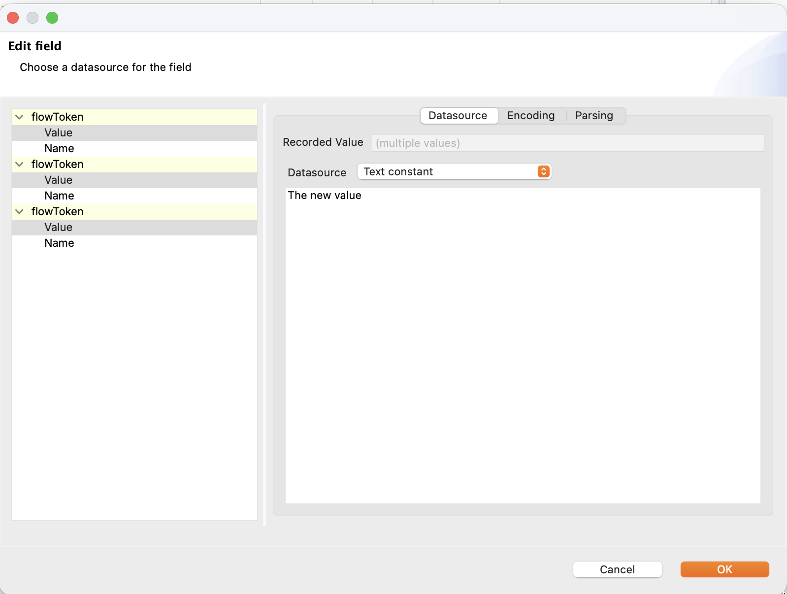 The Edit field dialog showing (multiple values) for a mixed selection, with a text constant entered