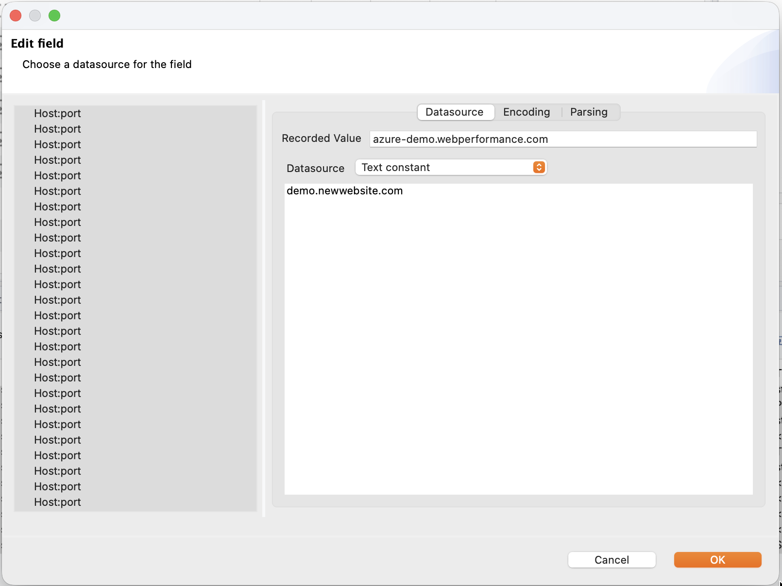 Editing all Host:port fields at once to replace the recorded hostname with a new server