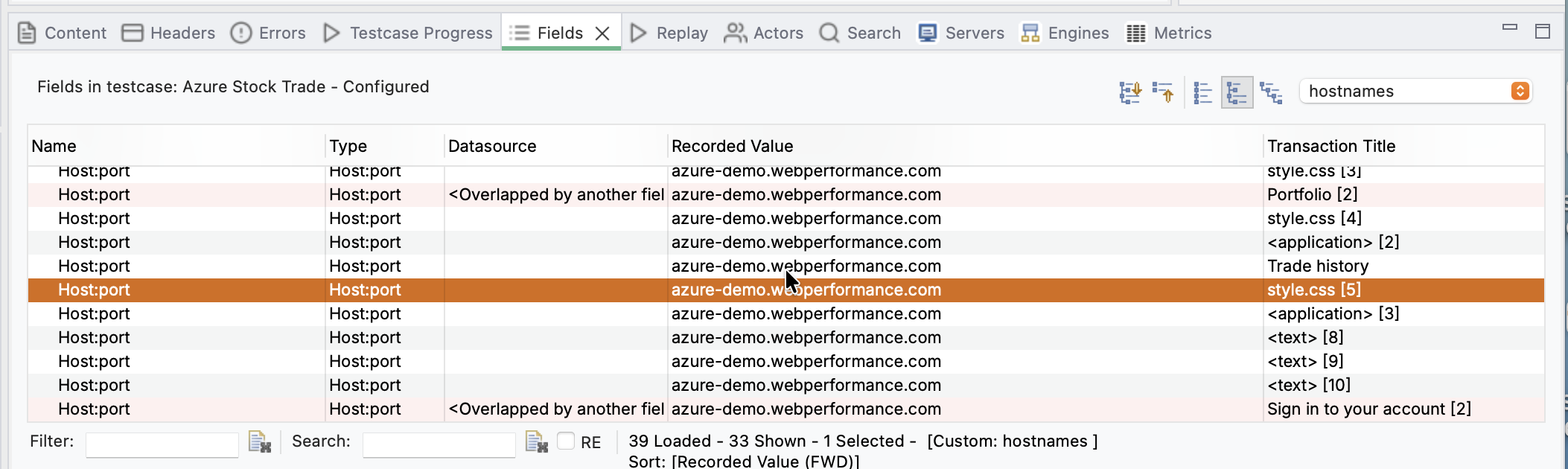 The Fields View hostnames layout listing the Host:port field of every transaction