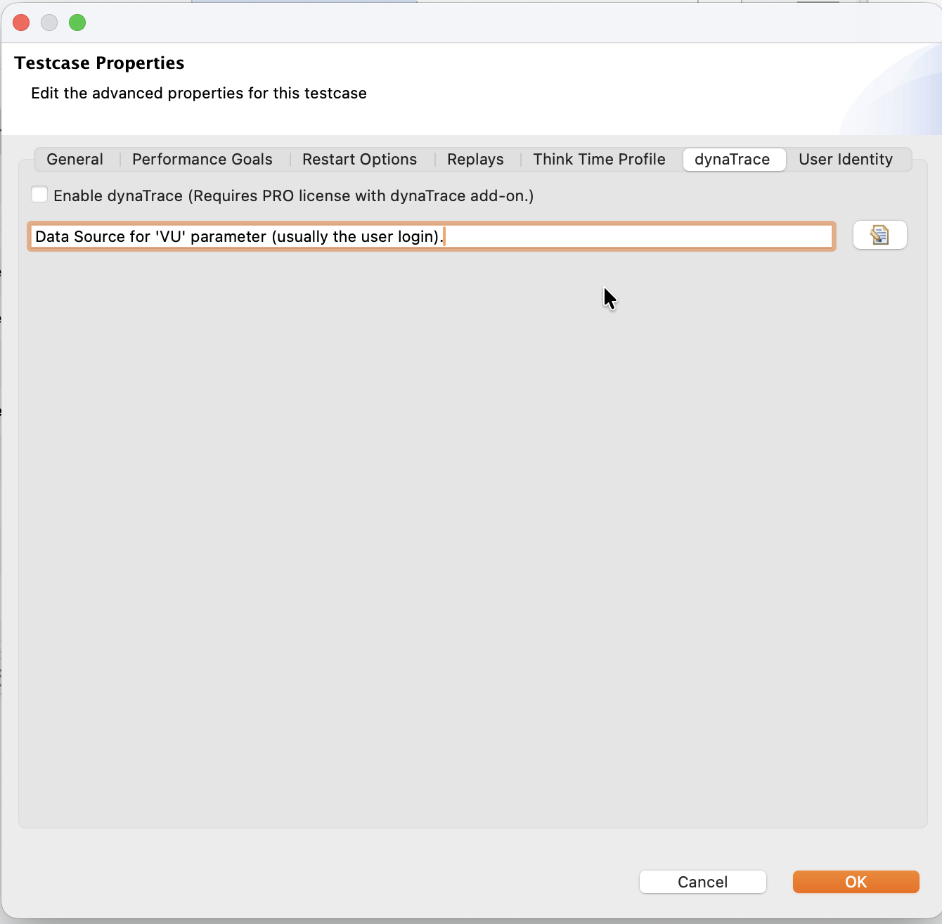 The dynaTrace tab, with the enable checkbox and the VU parameter data source