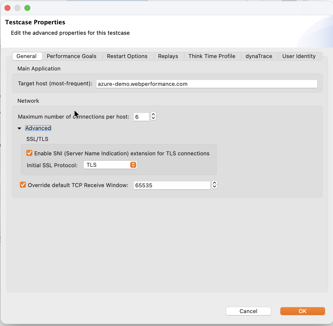 The General tab of the Testcase Properties dialog, with the Advanced section expanded