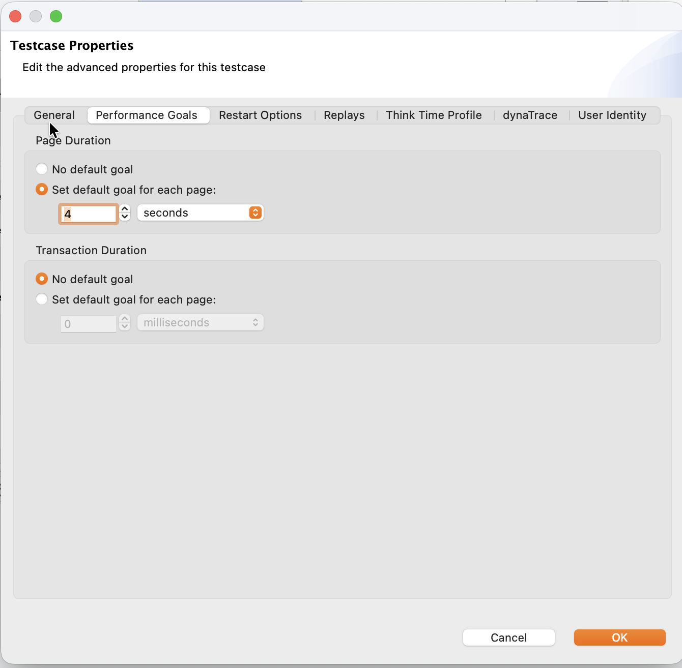 The Performance Goals tab, setting a default page duration goal