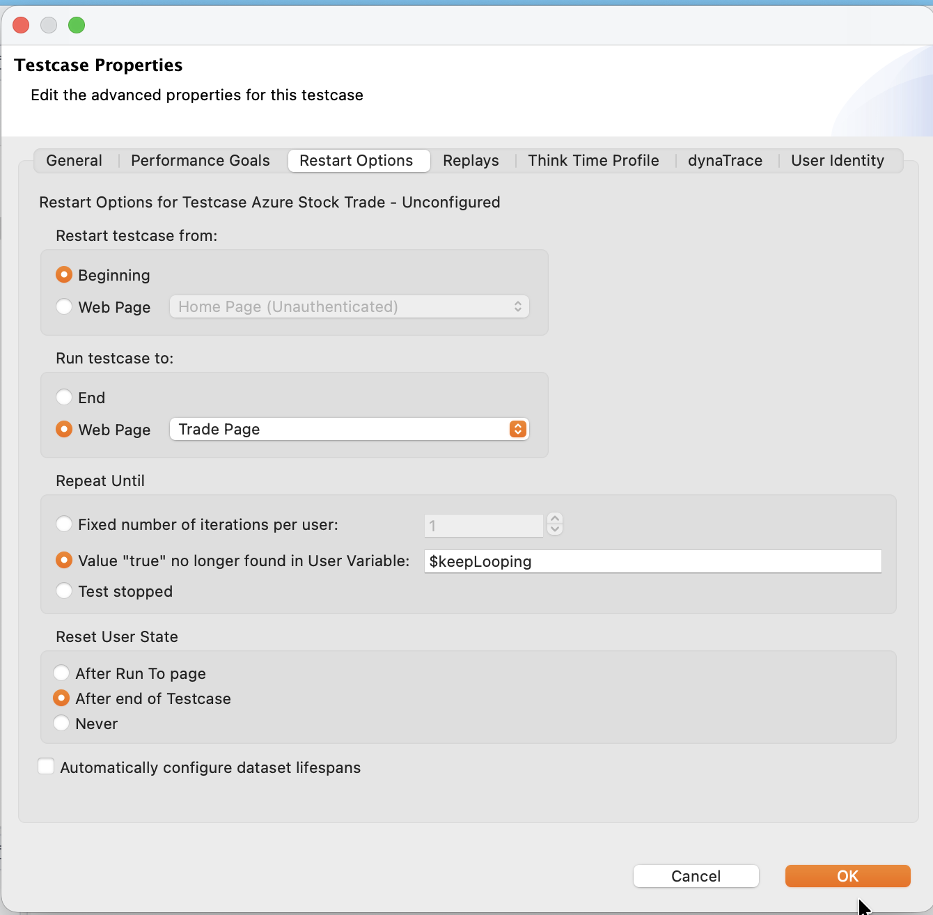 The Restart Options tab of the Testcase Properties dialog