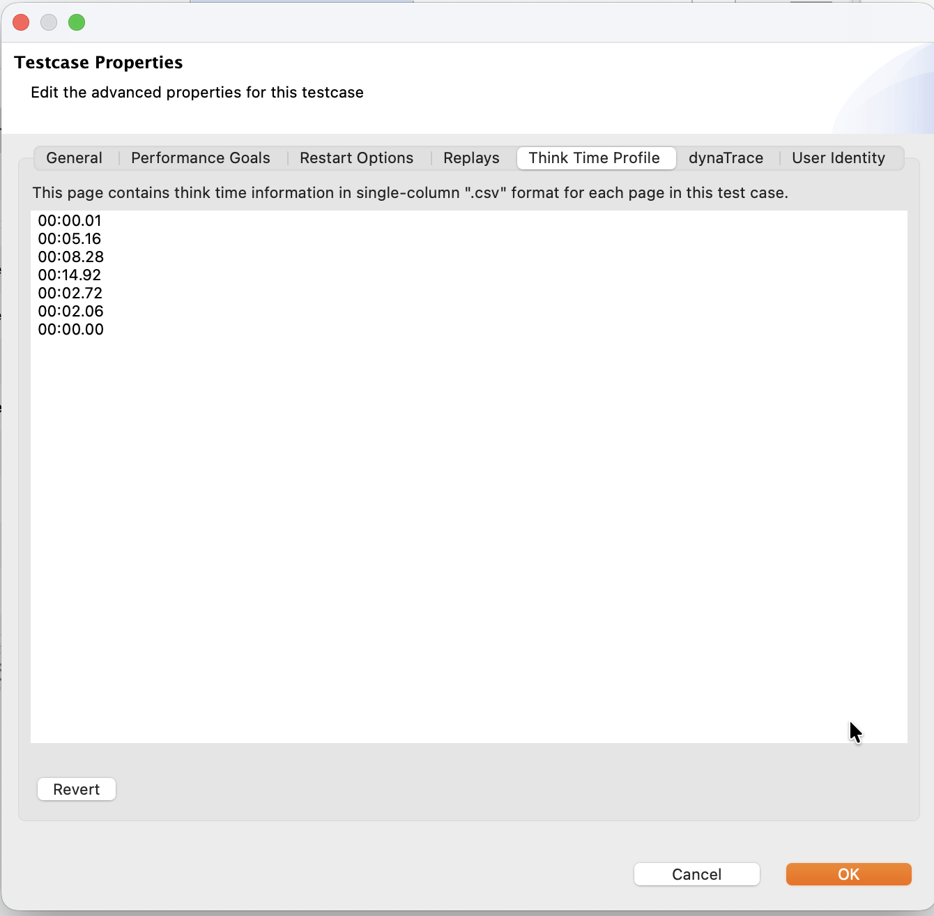 The Think Time Profile tab, showing per-page think times in CSV format