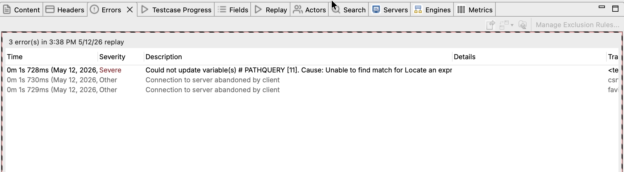 Errors View with error messages