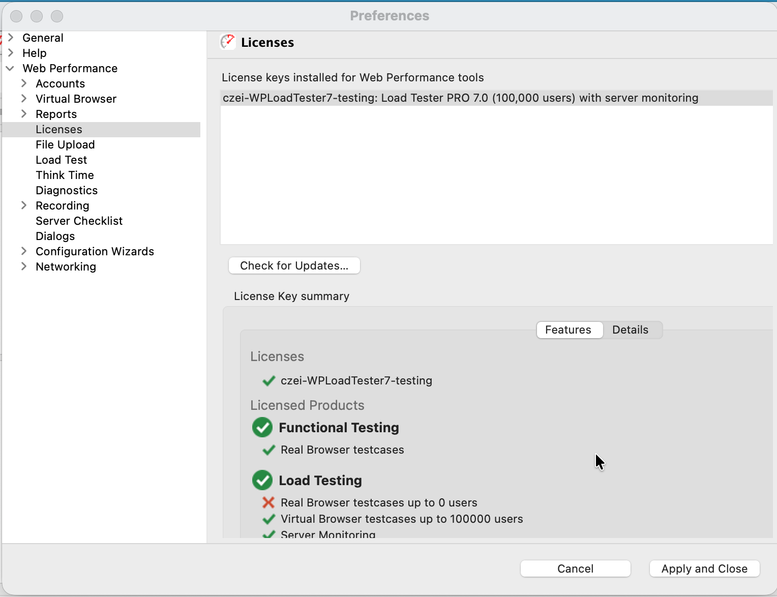 Preferences dialog with Licenses section