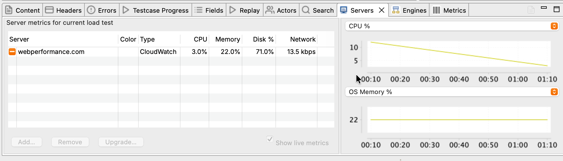 Servers View with CPU and memory graphs