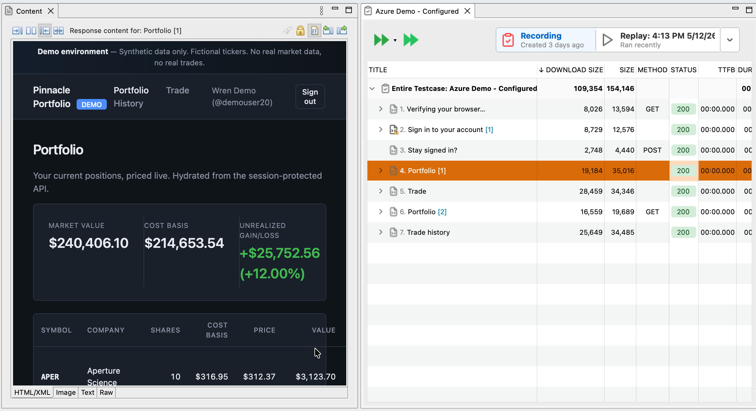 Two panes side-by-side: Content view next to the test case editor