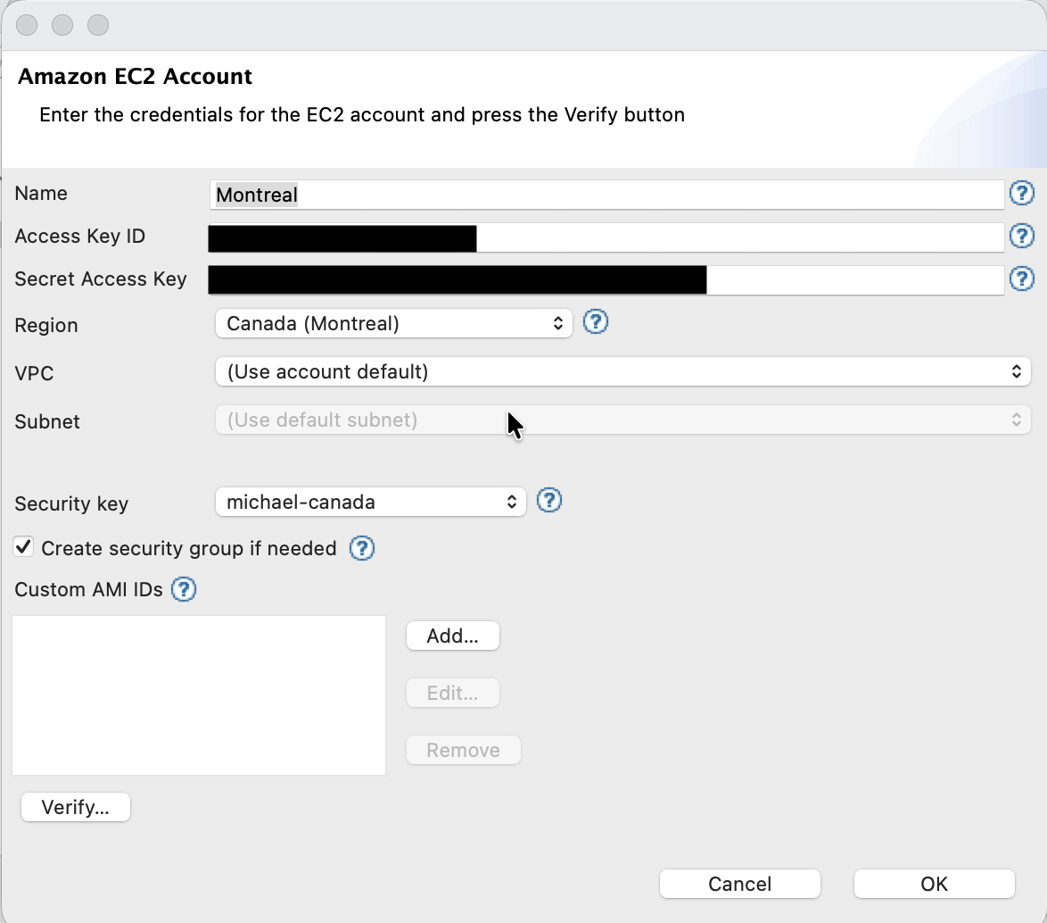 Amazon EC2 Account dialog with Name, Access Key ID, Secret Access Key, Region dropdown, VPC/Subnet selectors, Security key dropdown, Create security group checkbox, Custom AMI IDs list, and Verify button