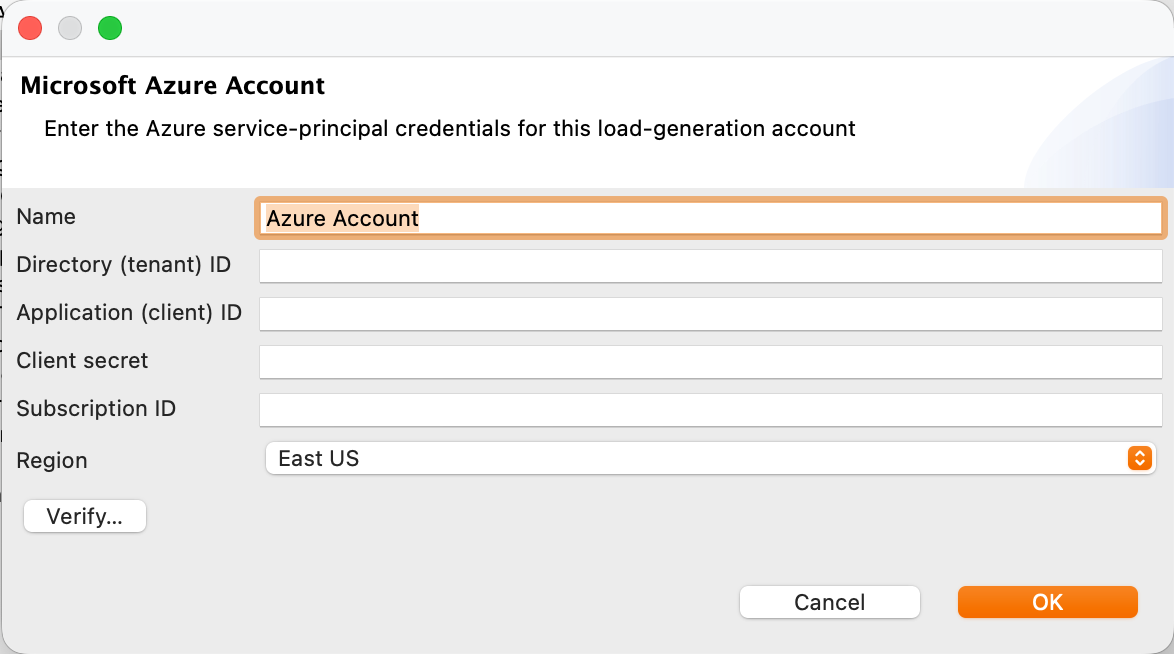 Microsoft Azure Account dialog with Name, Directory (tenant) ID, Application (client) ID, Client secret, Subscription ID, and Region fields, plus a Verify button