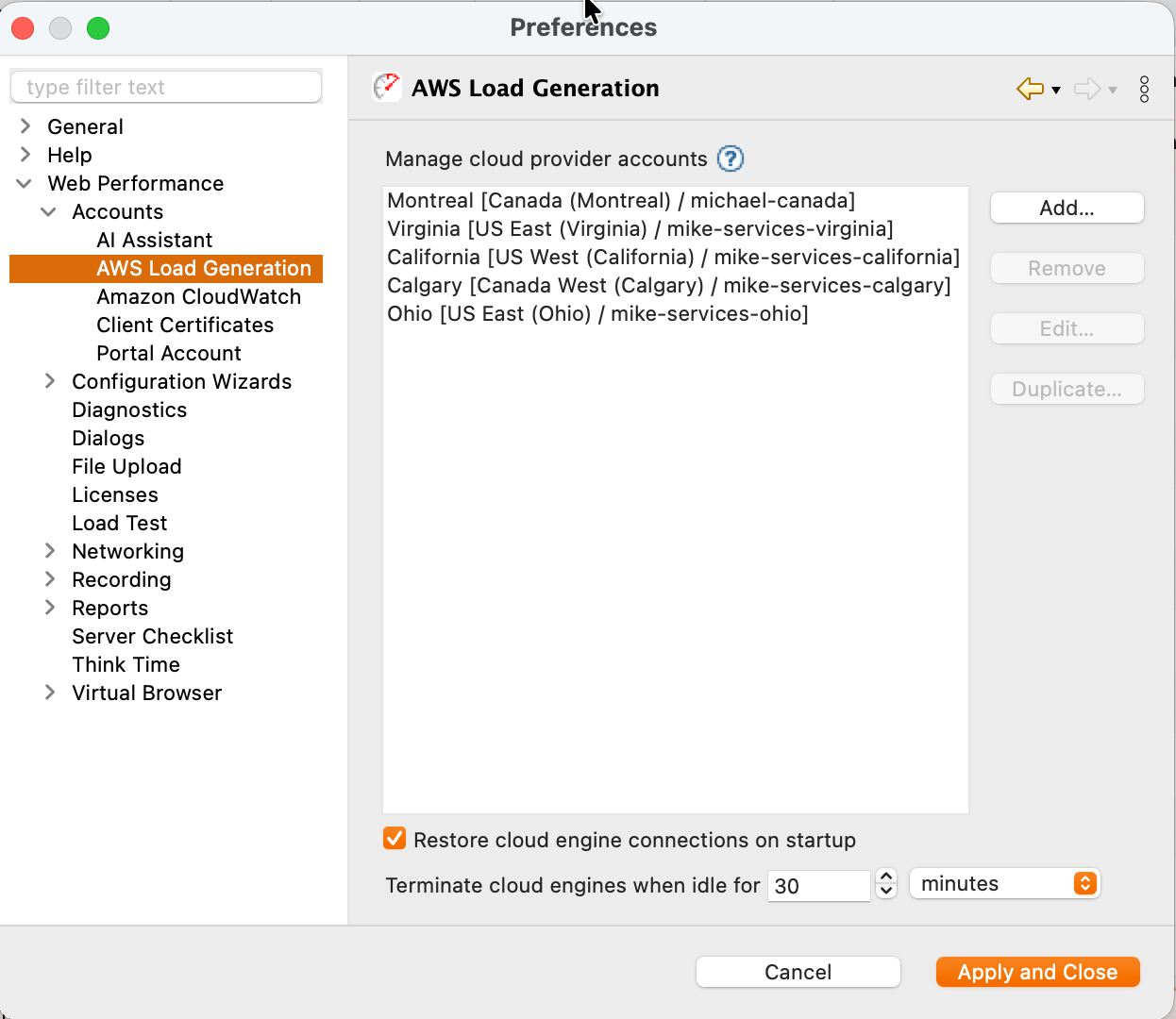 Preferences → AWS Load Generation pane listing configured cloud accounts across five regions, with Add / Remove / Edit / Duplicate buttons