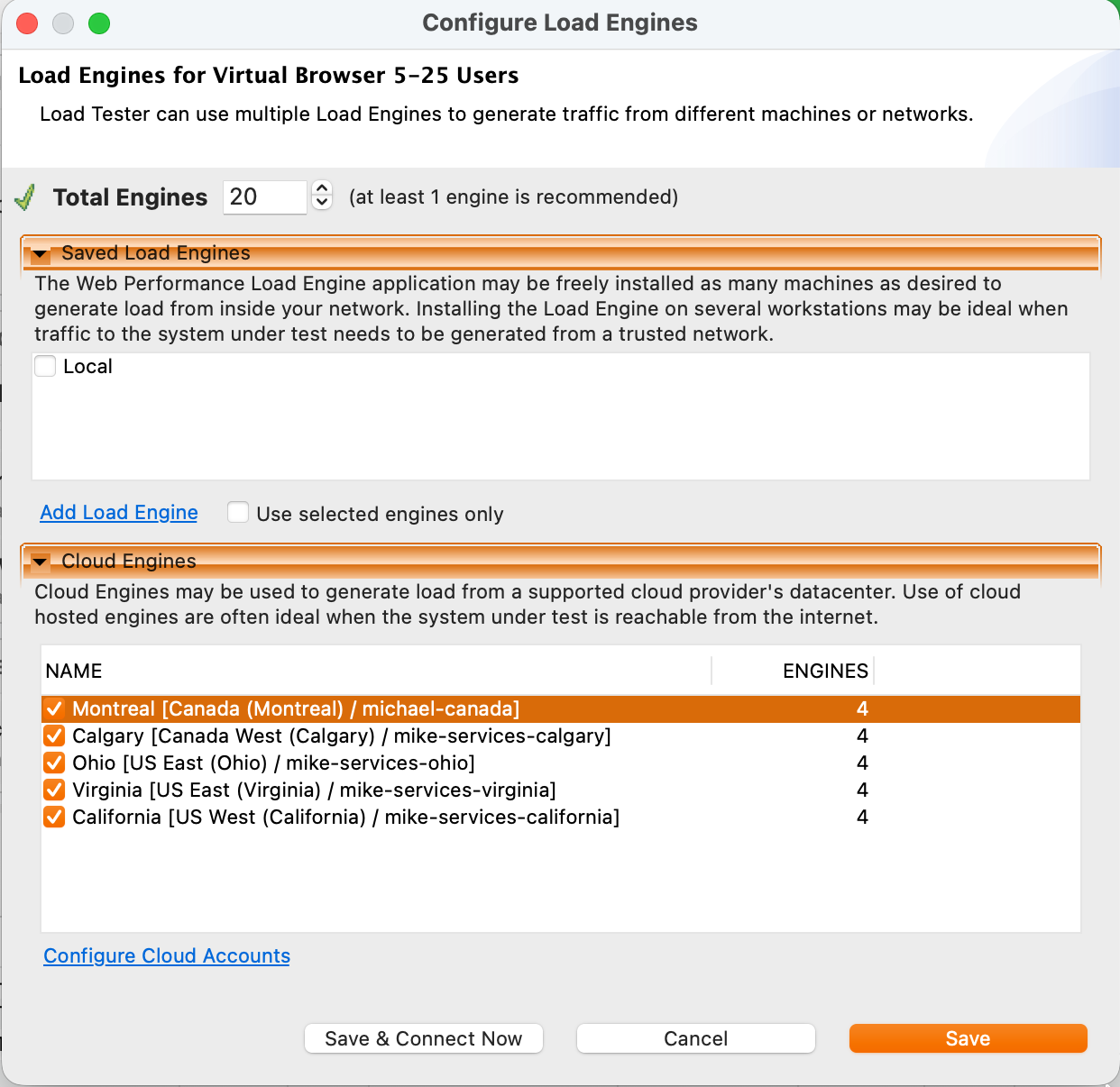 Configure Load Engines dialog with Total Engines = 20, a Saved Load Engines section listing the local engine, and a Cloud Engines section with five regions (Montreal, Calgary, Ohio, Virginia, California) each set to 4 engines