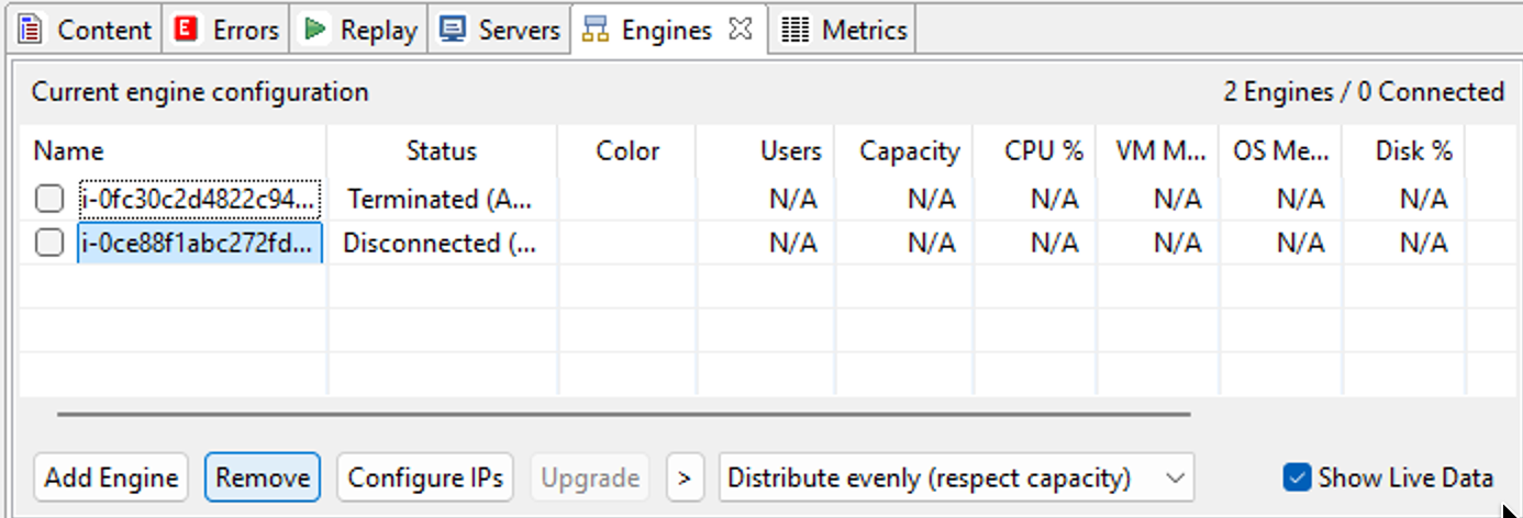 Engines View showing two cloud engines (one Terminated, one Disconnected and selected), the Remove button highlighted in the action row, plus the "Distribute evenly (respect capacity)" load-balancing selector and per-engine columns for Users, Capacity, CPU %, VM Memory, OS Memory, and Disk %.