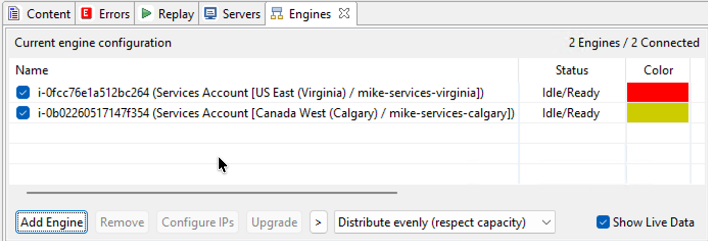 Engines View with two cloud engines connected from different regions: one in US East (Virginia) and one in Canada West (Calgary). Each engine's account and region are visible in the Name column, and each is assigned a distinct Color (red for Virginia, gold for Calgary) used to distinguish their contributions in load-test charts.