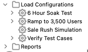 Navigator showing four load configurations under one test case: 6 Hour Soak Test, Ramp to 3,500 Users, Sale Rush Simulation, Verify Test Cases
