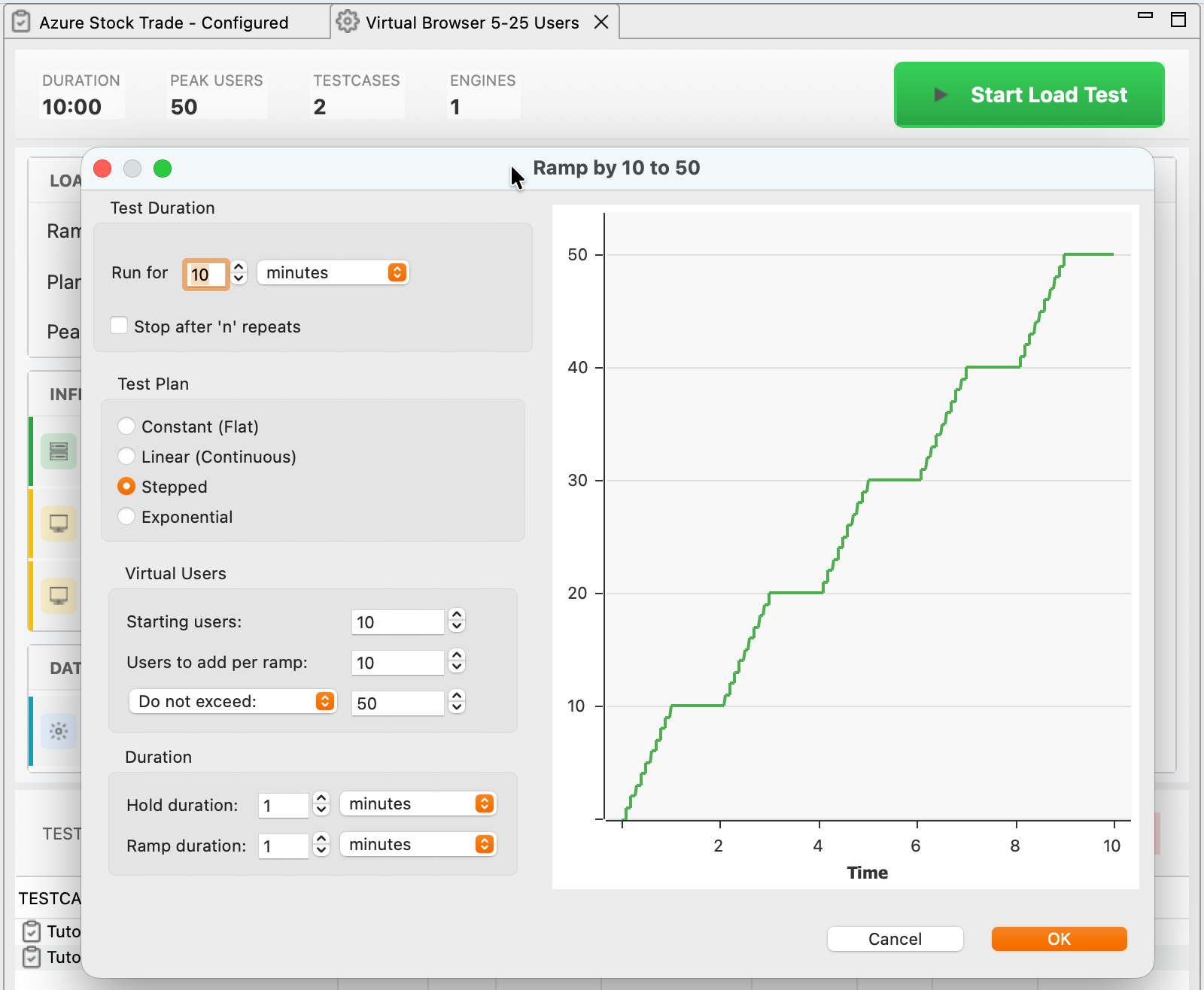 Ramp Pattern dialog with Test Plan radio buttons (Constant, Linear, Stepped, Exponential), Virtual Users settings, Duration settings, and a live preview chart