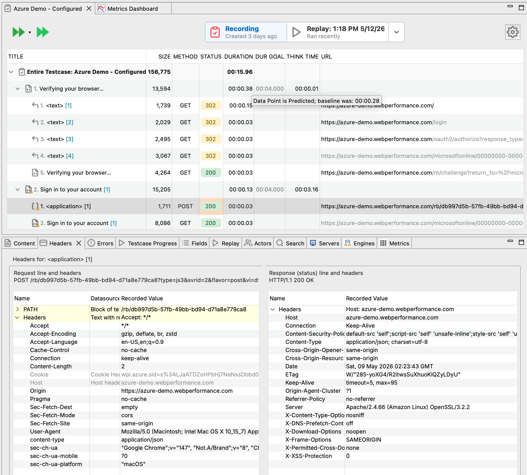 Test case editor showing API transaction with Headers view