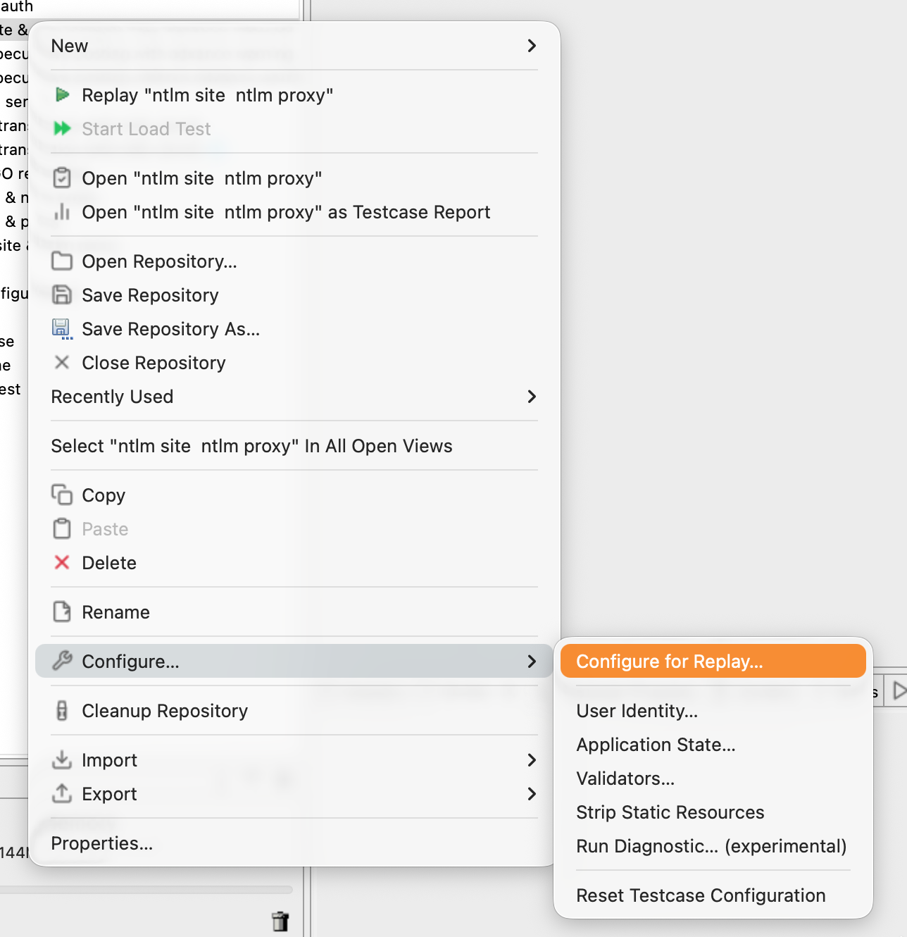 Right-click context menu showing Configure for Replay highlighted
