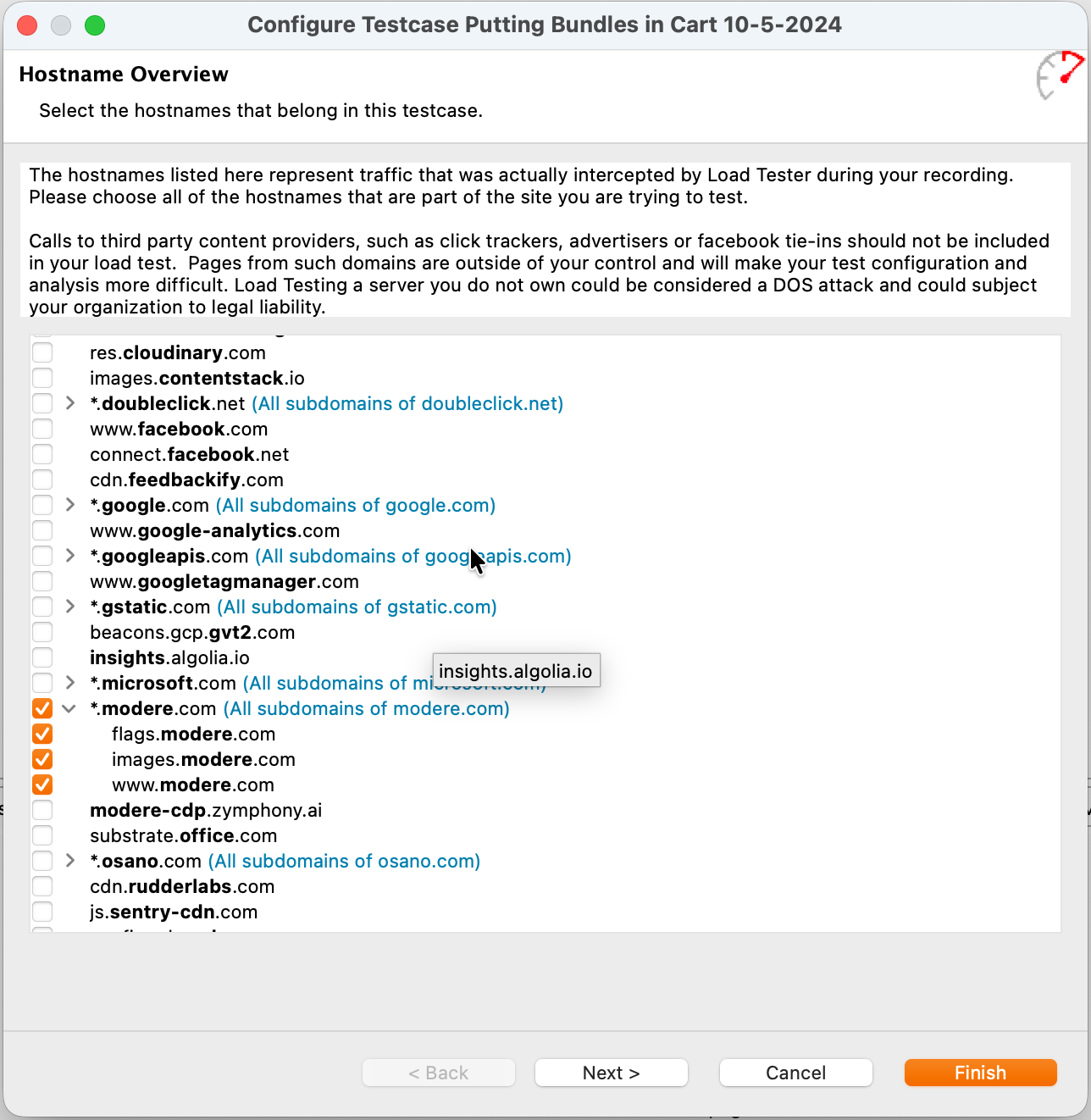 Hostname Overview dialog with checkboxes per domain