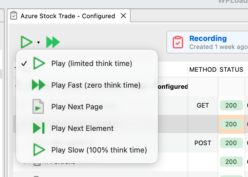 Replay modes dropdown showing Play, Play Fast, Play Next Page, Play Next Element, and Play Slow